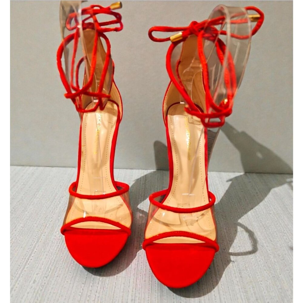 Red Strappy High Heel Sandals With Clear PVC & Ankle Tie Detail Elegant Evening - Picture 3 of 9